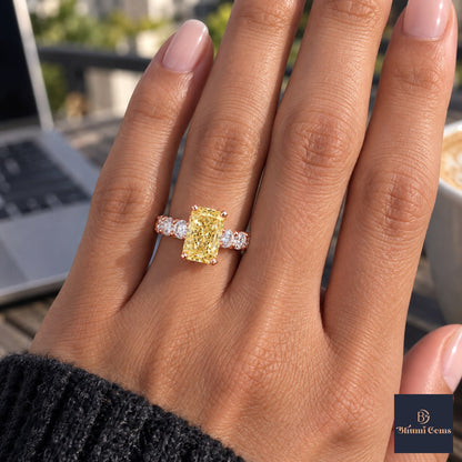 Yellow Radiant Cut Lab Grown Diamond Engagement Ring - Shared Prong Band in rose gold, on the hand