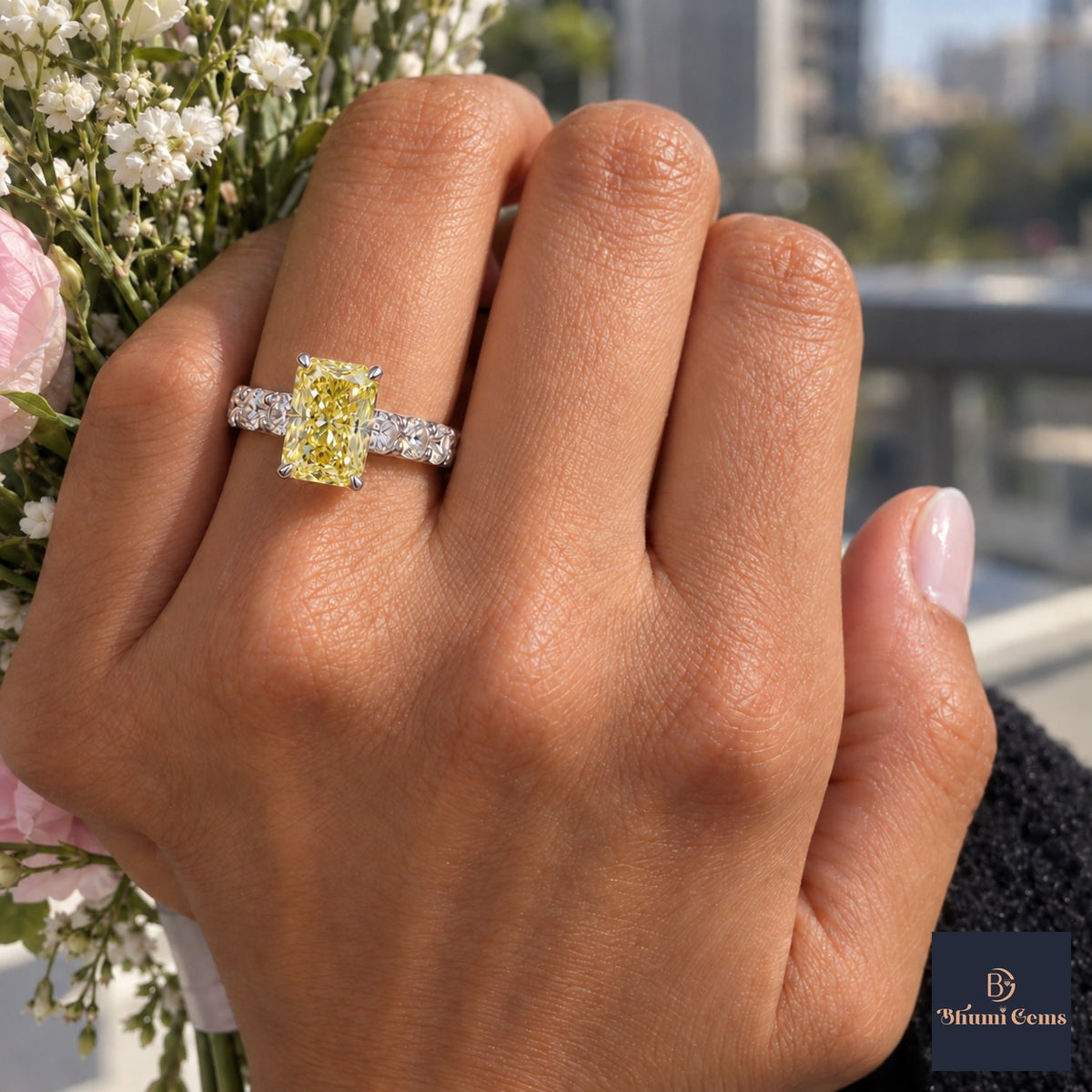 Yellow Radiant Cut Lab Grown Diamond Engagement Ring - Shared Prong Band in white gold, worn on the hand