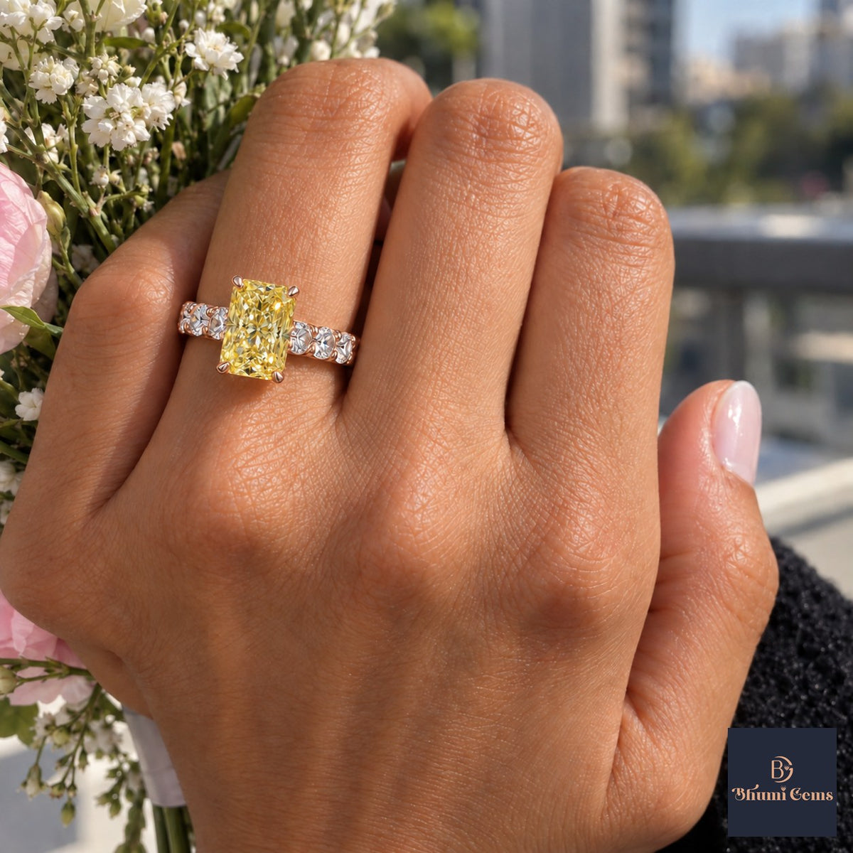 Yellow Radiant Cut Lab Grown Diamond Engagement Ring - Shared Prong Band in rose gold, worn on the hand