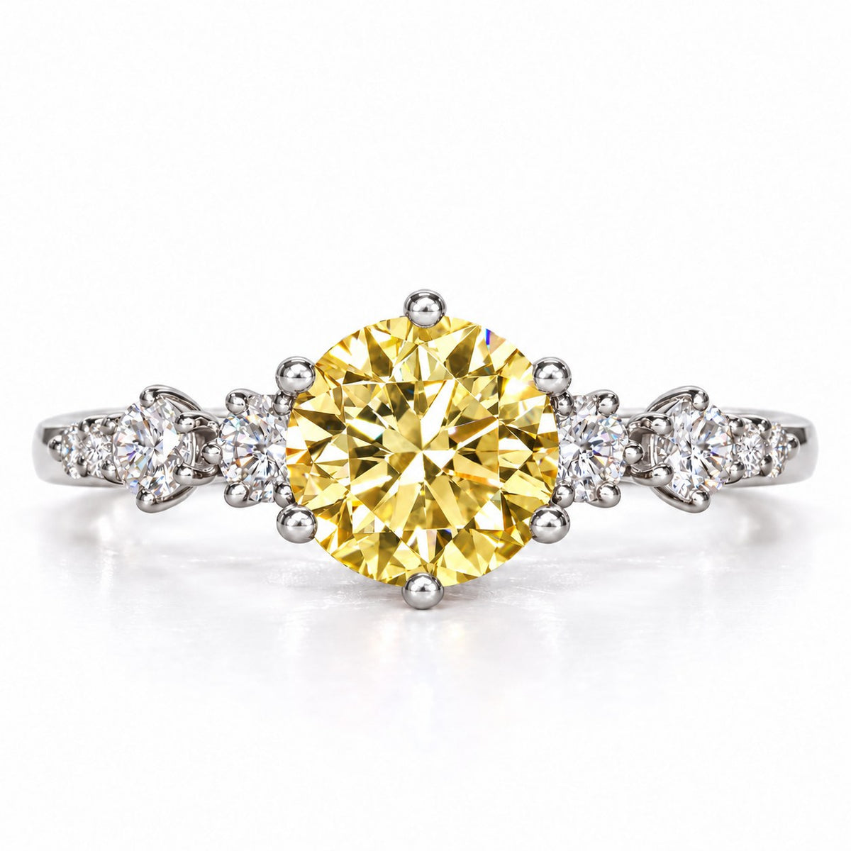 Yellow Round Cut Lab Grown Diamond Engagement Ring - Cluster Shoulders in white gold, front view