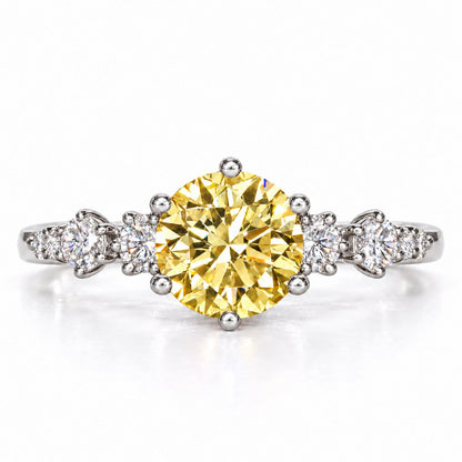 Yellow Round Cut Lab Grown Diamond Engagement Ring - Cluster Shoulders in white gold, front view