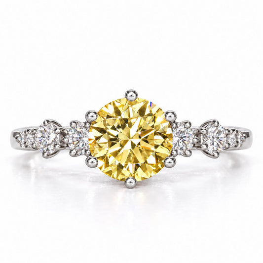 Yellow Round Cut Lab Grown Diamond Engagement Ring - Cluster Shoulders in white gold, front view