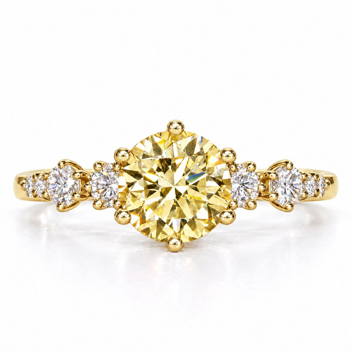 Yellow Round Cut Lab Grown Diamond Engagement Ring - Cluster Shoulders in yellow gold, front view