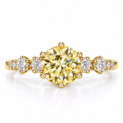 Yellow Round Cut Lab Grown Diamond Engagement Ring - Cluster Shoulders in yellow gold, front view