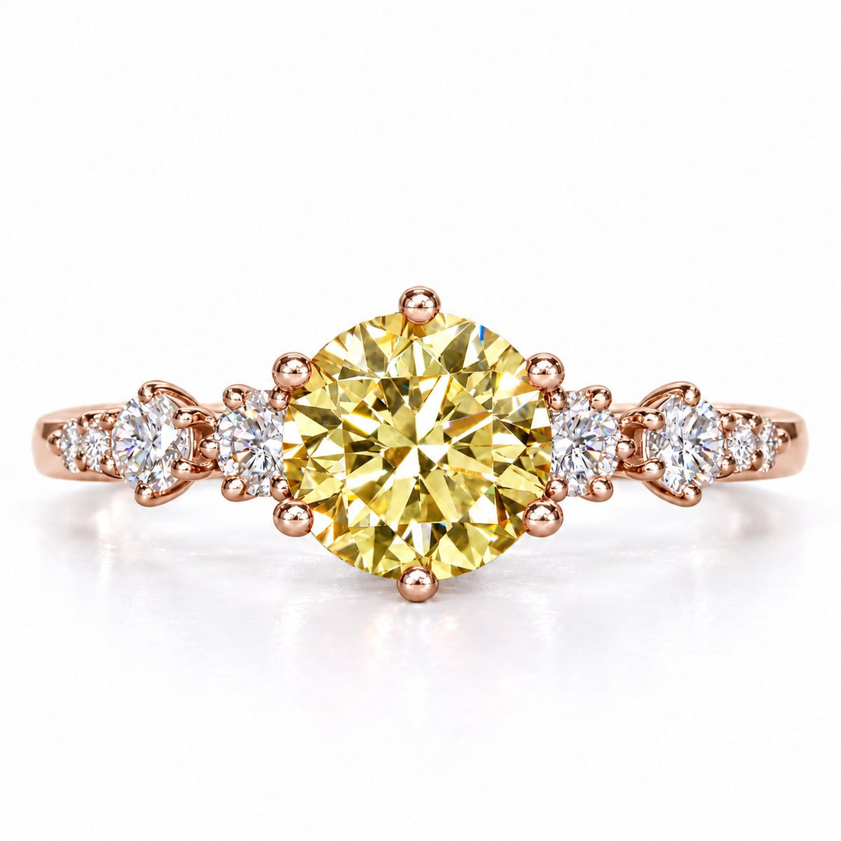 Yellow Round Cut Lab Grown Diamond Engagement Ring - Cluster Shoulders in rose gold, front view