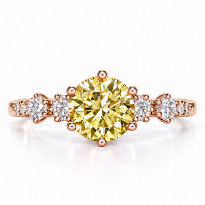 Yellow Round Cut Lab Grown Diamond Engagement Ring - Cluster Shoulders in rose gold, front view