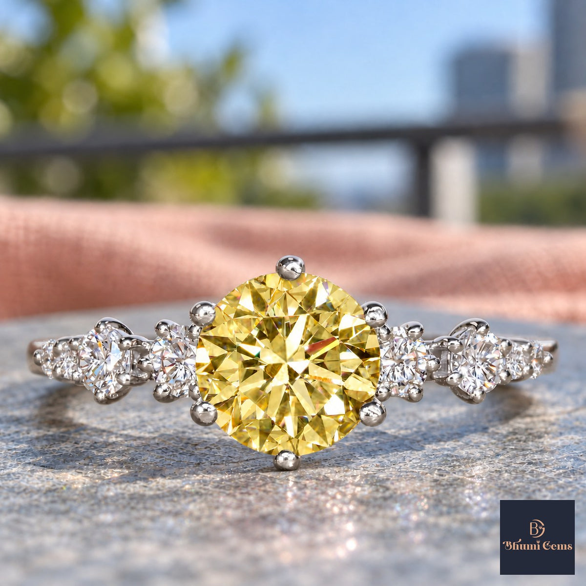 Yellow Round Cut Lab Grown Diamond Engagement Ring - Cluster Shoulders in white gold, close-up