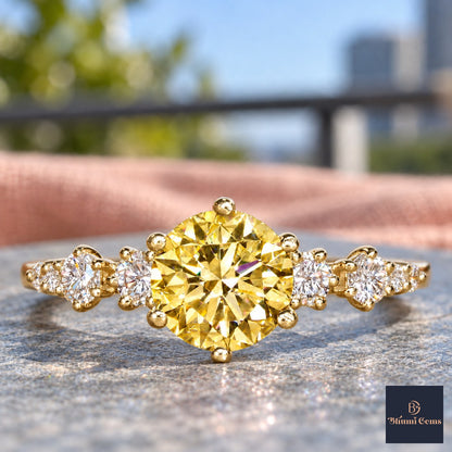Yellow Round Cut Lab Grown Diamond Engagement Ring - Cluster Shoulders in yellow gold, close-up