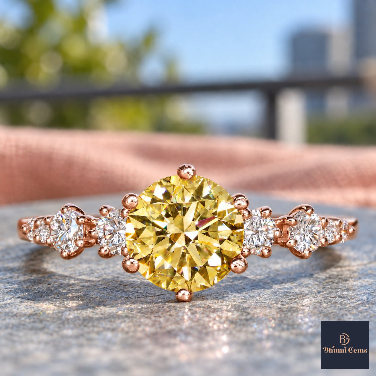 Yellow Round Cut Lab Grown Diamond Engagement Ring - Cluster Shoulders in rose gold, close-up