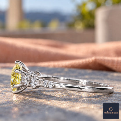 Yellow Round Cut Lab Grown Diamond Engagement Ring - Cluster Shoulders in white gold, side view