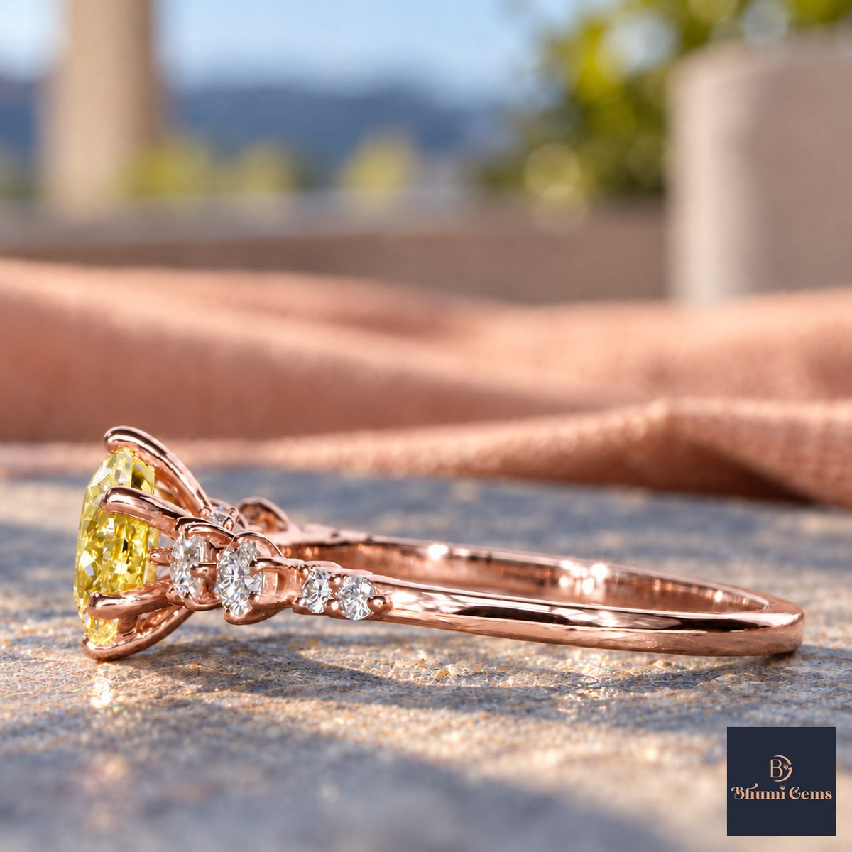 Yellow Round Cut Lab Grown Diamond Engagement Ring - Cluster Shoulders in rose gold, side view