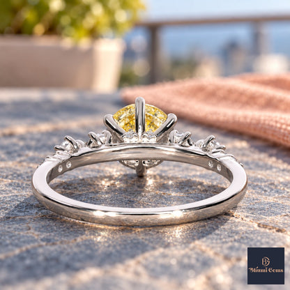 Yellow Round Cut Lab Grown Diamond Engagement Ring - Cluster Shoulders in white gold, gallery view