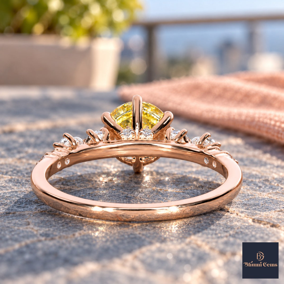 Yellow Round Cut Lab Grown Diamond Engagement Ring - Cluster Shoulders in rose gold, gallery view
