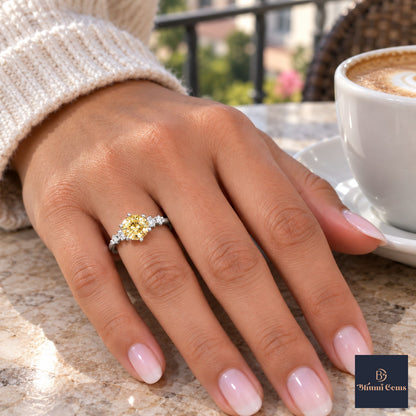 Yellow Round Cut Lab Grown Diamond Engagement Ring - Cluster Shoulders in white gold, on the hand