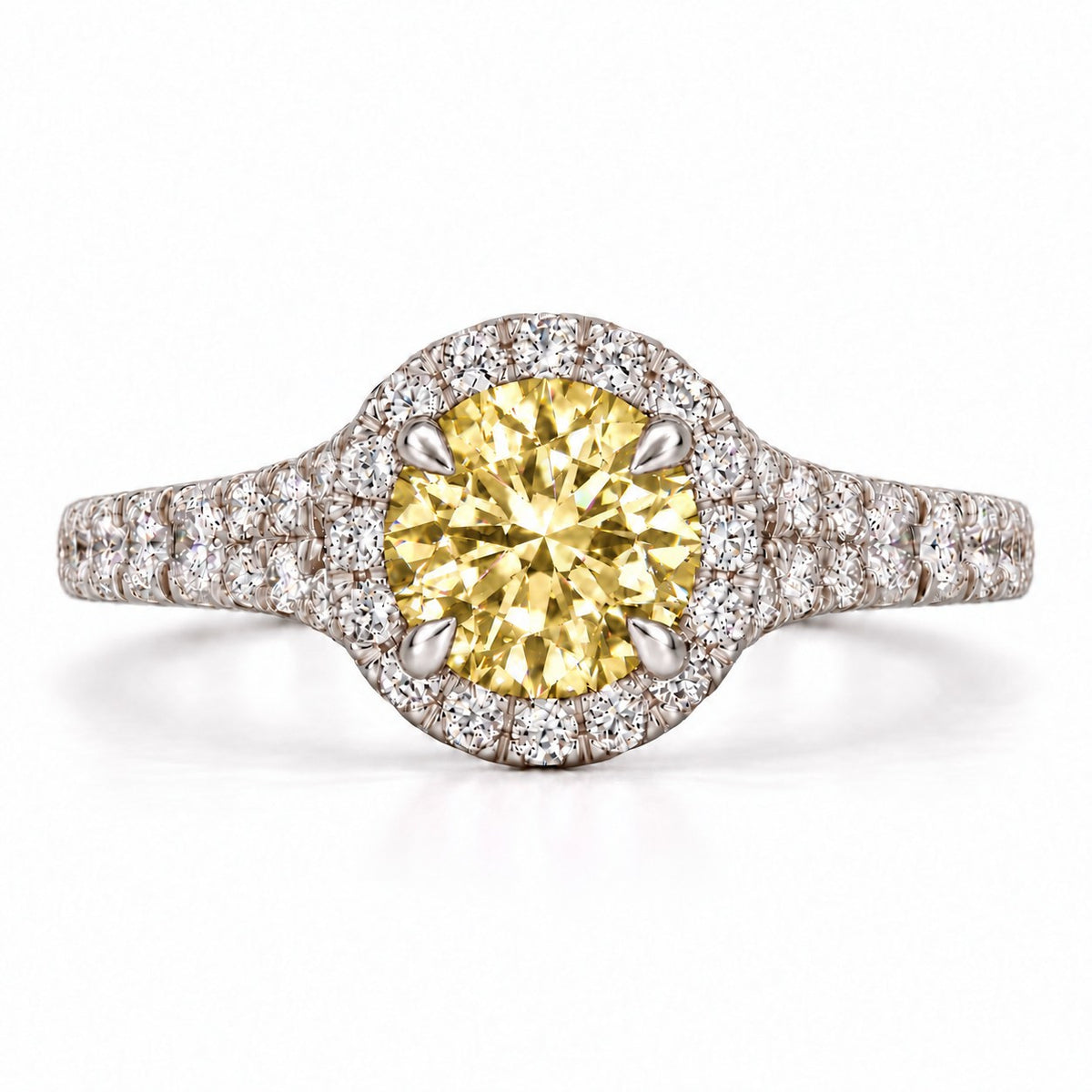 Yellow Round Cut Lab Grown Diamond Engagement Ring - Halo Pave in white gold, front view