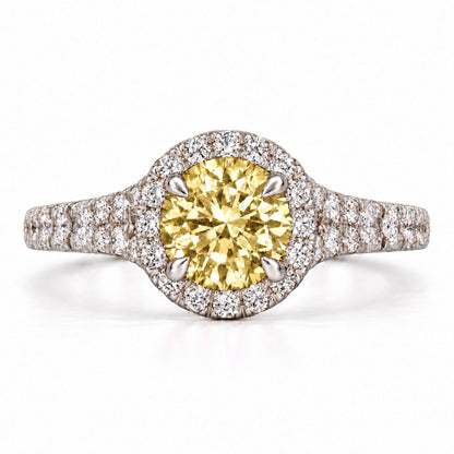 Yellow Round Cut Lab Grown Diamond Engagement Ring - Halo Pave in white gold, front view