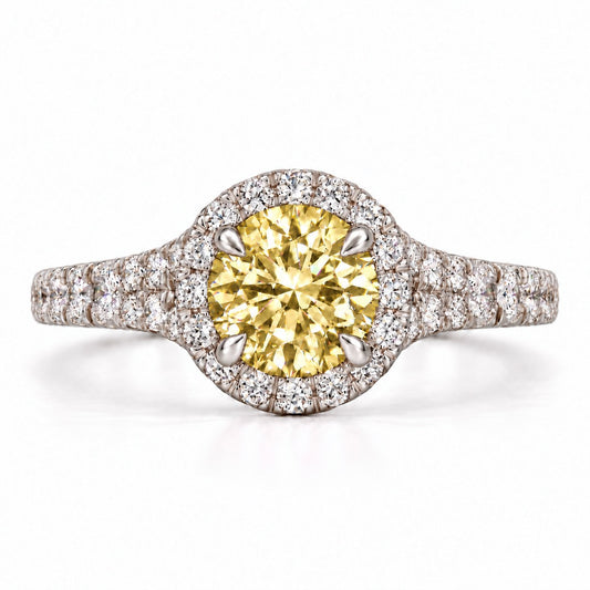 Yellow Round Cut Lab Grown Diamond Engagement Ring - Halo Pave in white gold, front view