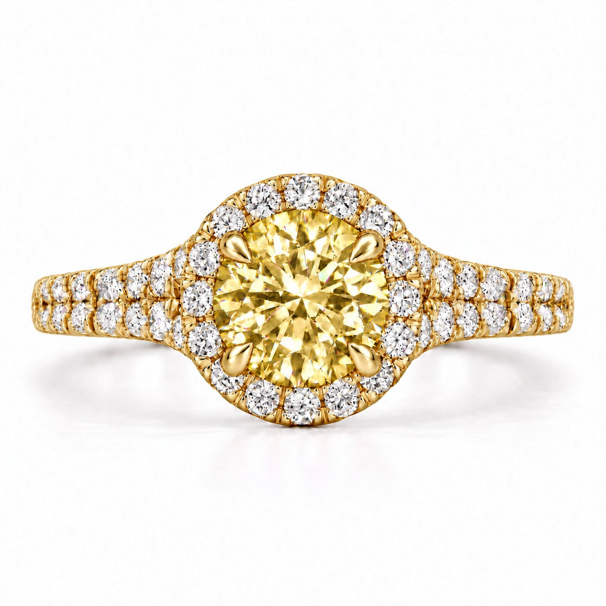 Yellow Round Cut Lab Grown Diamond Engagement Ring - Halo Pave in yellow gold, front view