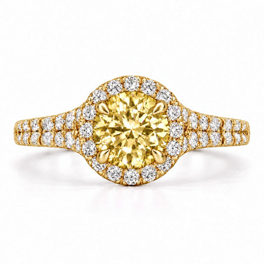 Yellow Round Cut Lab Grown Diamond Engagement Ring - Halo Pave in yellow gold, front view