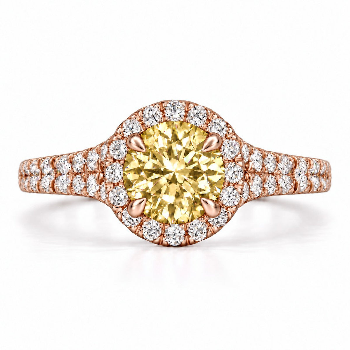 Yellow Round Cut Lab Grown Diamond Engagement Ring - Halo Pave in rose gold, front view