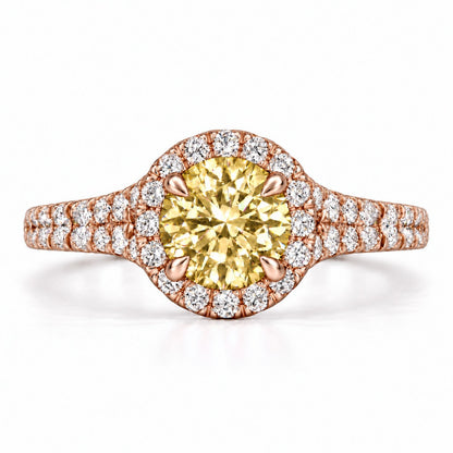 Yellow Round Cut Lab Grown Diamond Engagement Ring - Halo Pave in rose gold, front view
