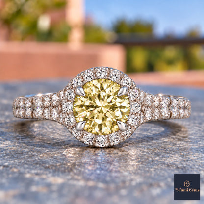 Yellow Round Cut Lab Grown Diamond Engagement Ring - Halo Pave in white gold, close-up
