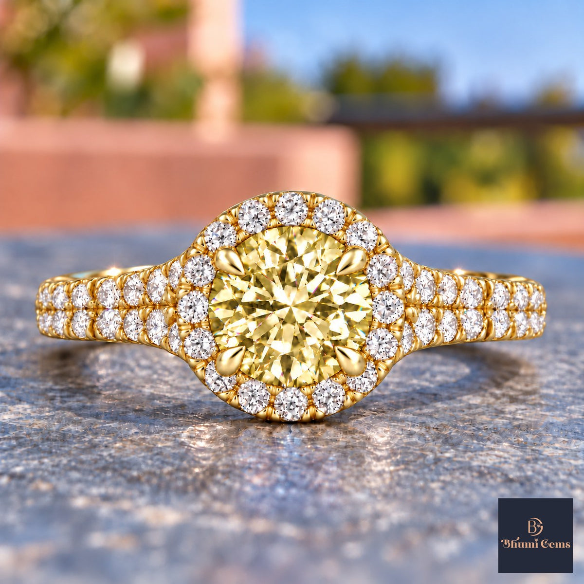 Yellow Round Cut Lab Grown Diamond Engagement Ring - Halo Pave in yellow gold, close-up