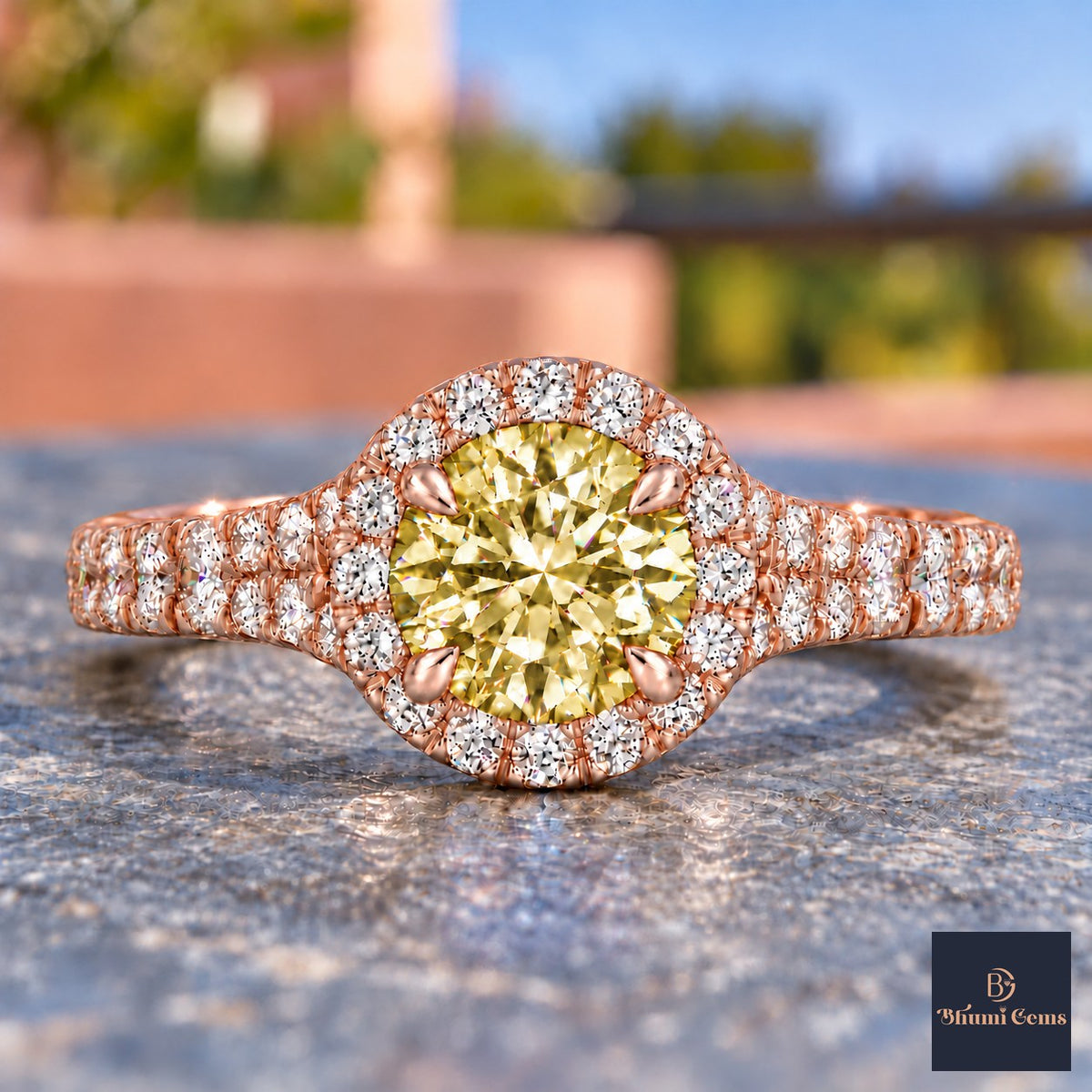 Yellow Round Cut Lab Grown Diamond Engagement Ring - Halo Pave in rose gold, close-up