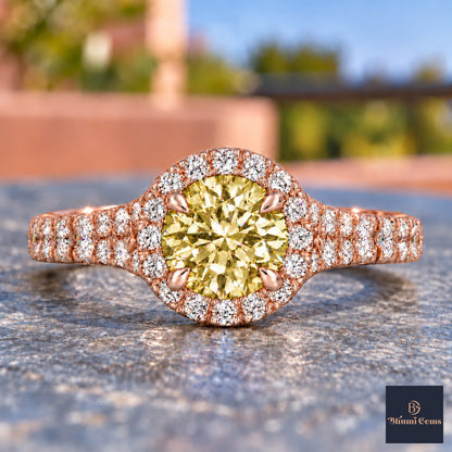 Yellow Round Cut Lab Grown Diamond Engagement Ring - Halo Pave in rose gold, close-up