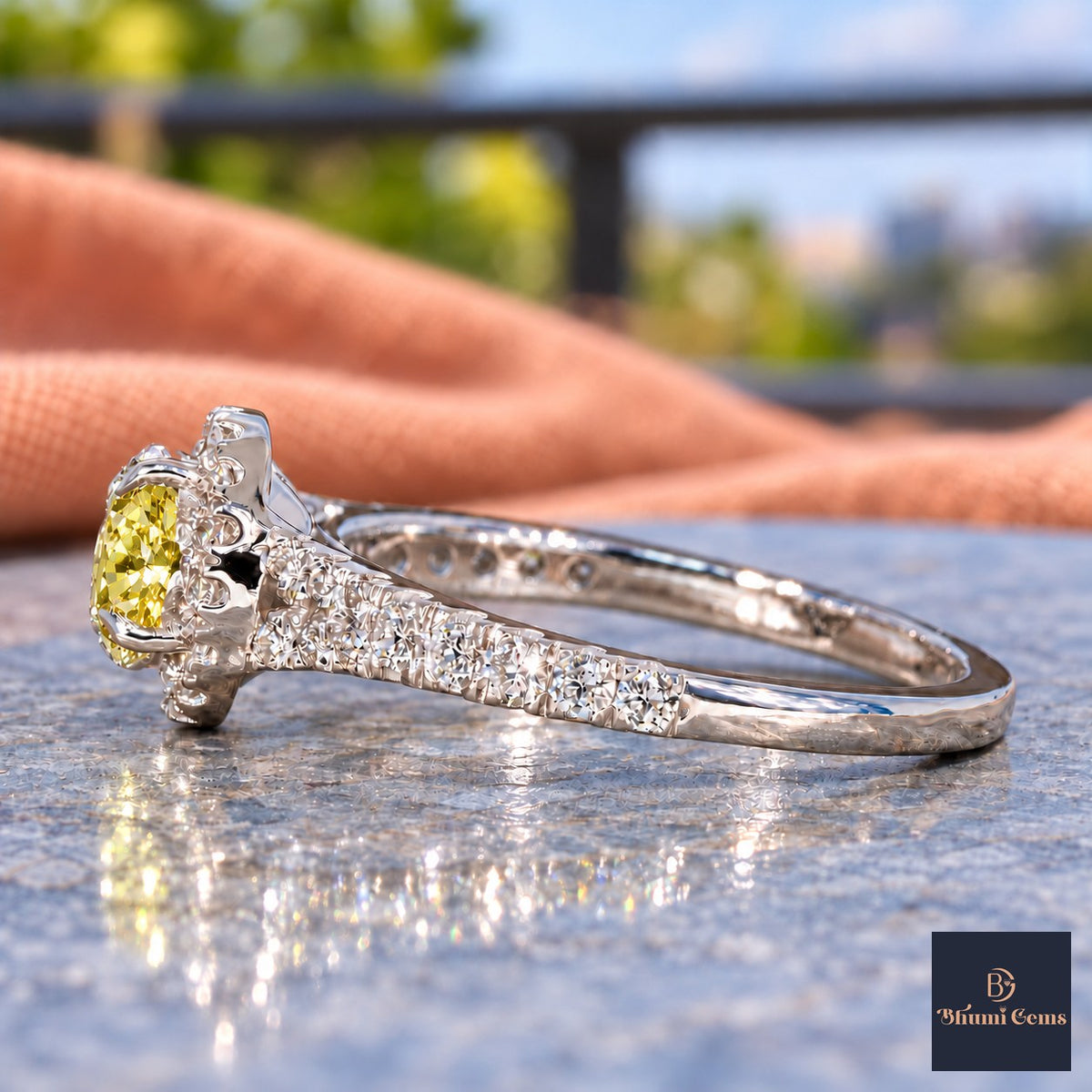 Yellow Round Cut Lab Grown Diamond Engagement Ring - Halo Pave in white gold, side view