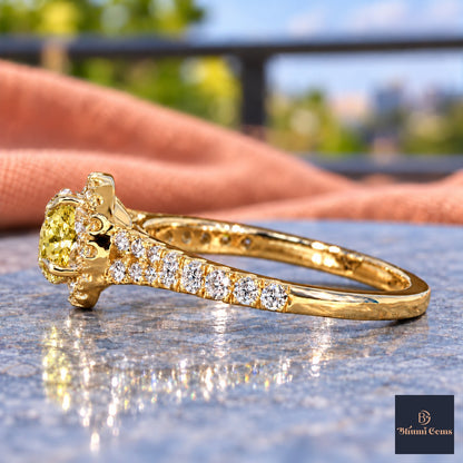 Yellow Round Cut Lab Grown Diamond Engagement Ring - Halo Pave in yellow gold, side view