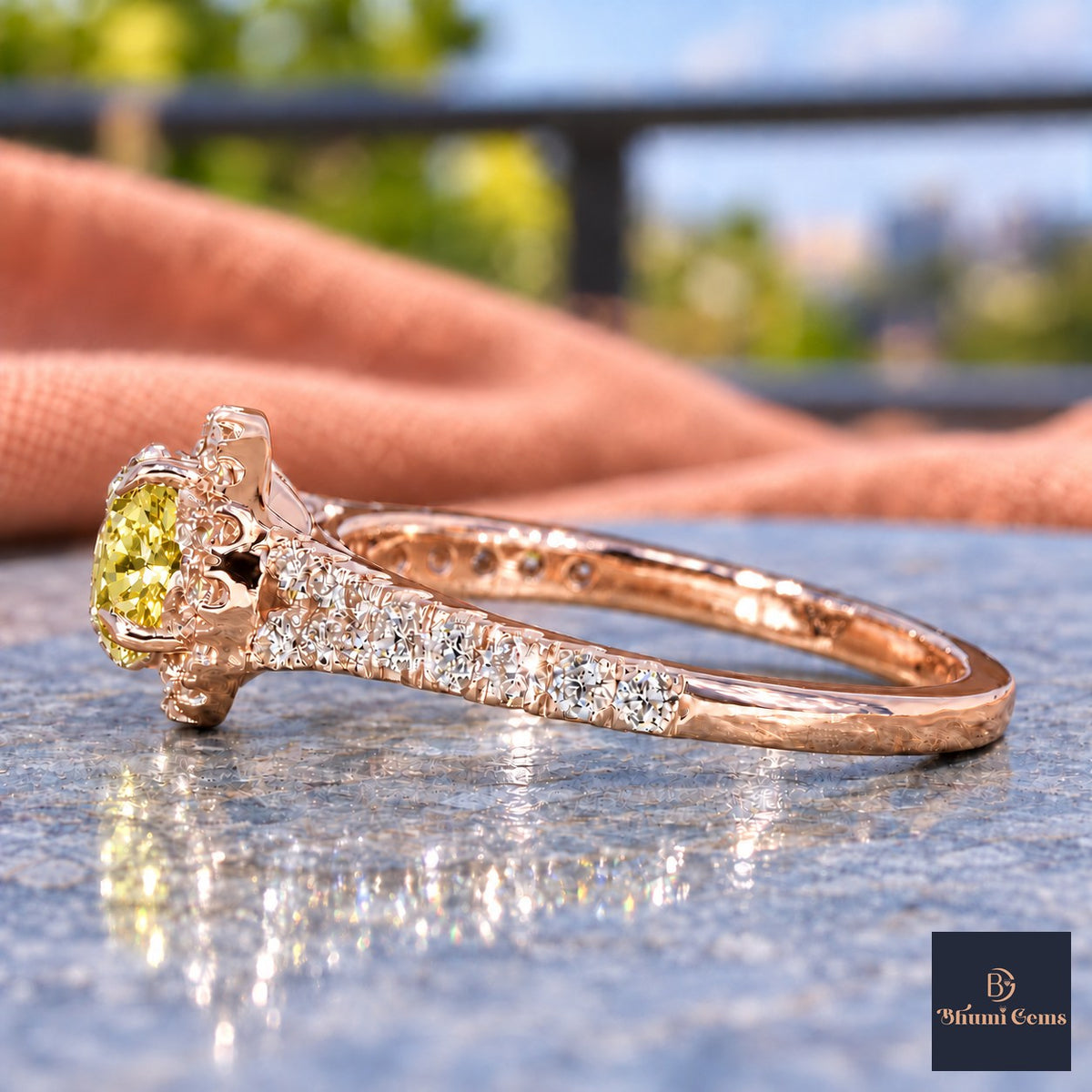 Yellow Round Cut Lab Grown Diamond Engagement Ring - Halo Pave in rose gold, side view