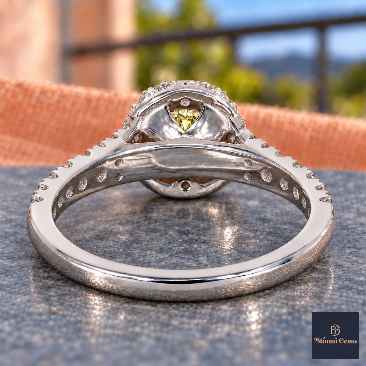 Yellow Round Cut Lab Grown Diamond Engagement Ring - Halo Pave in white gold, gallery view