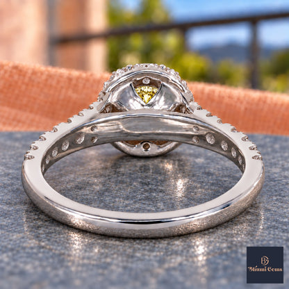 Yellow Round Cut Lab Grown Diamond Engagement Ring - Halo Pave in white gold, gallery view