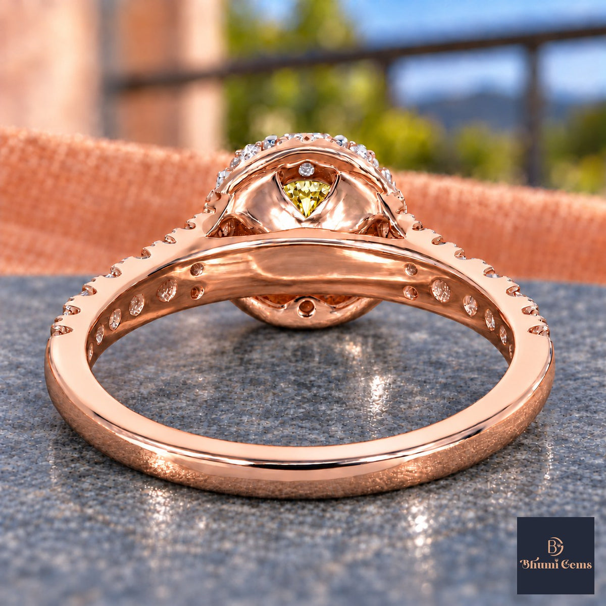 Yellow Round Cut Lab Grown Diamond Engagement Ring - Halo Pave in rose gold, gallery view