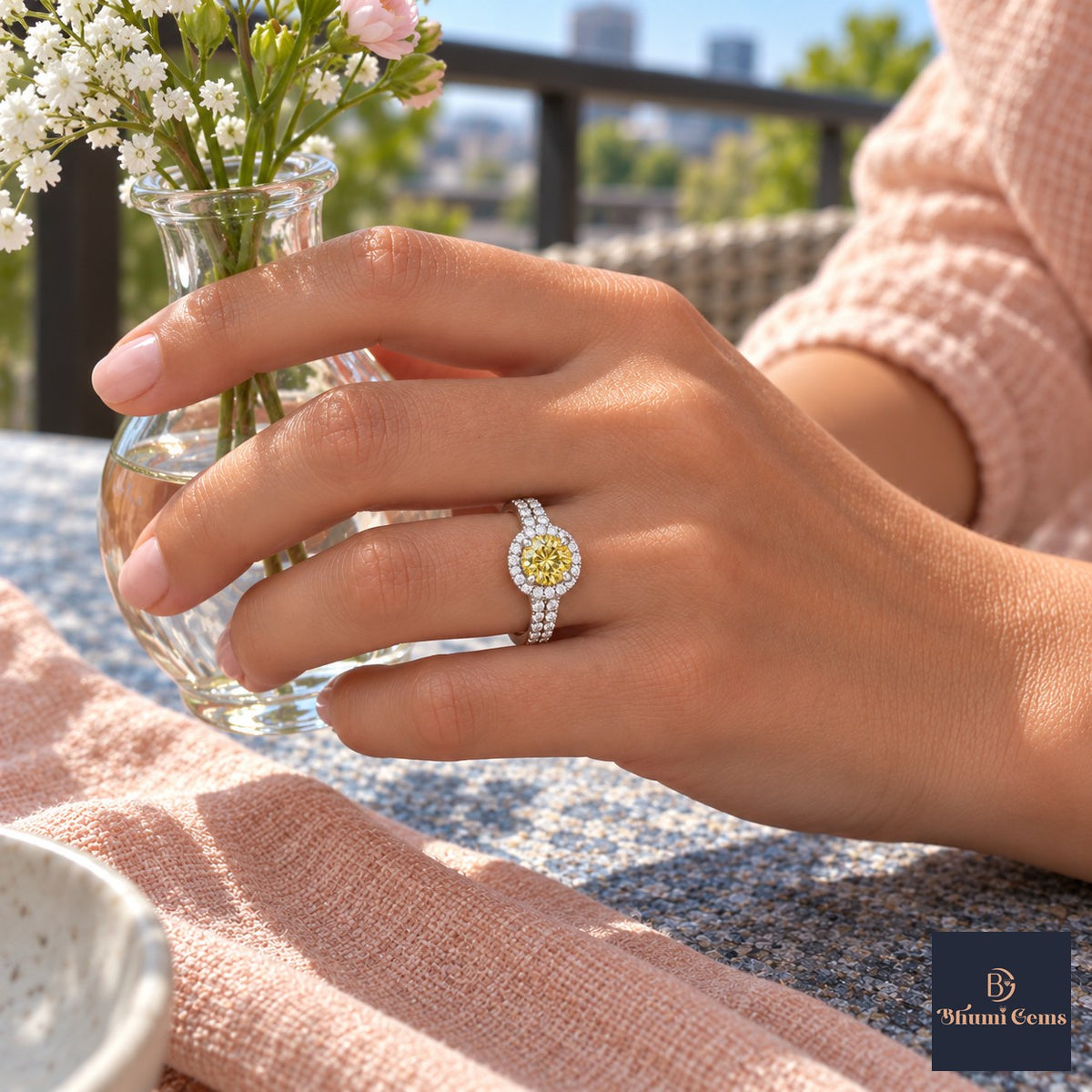 Yellow Round Cut Lab Grown Diamond Engagement Ring - Halo Pave in white gold, on the hand