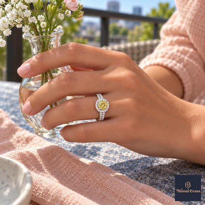 Yellow Round Cut Lab Grown Diamond Engagement Ring - Halo Pave in white gold, on the hand