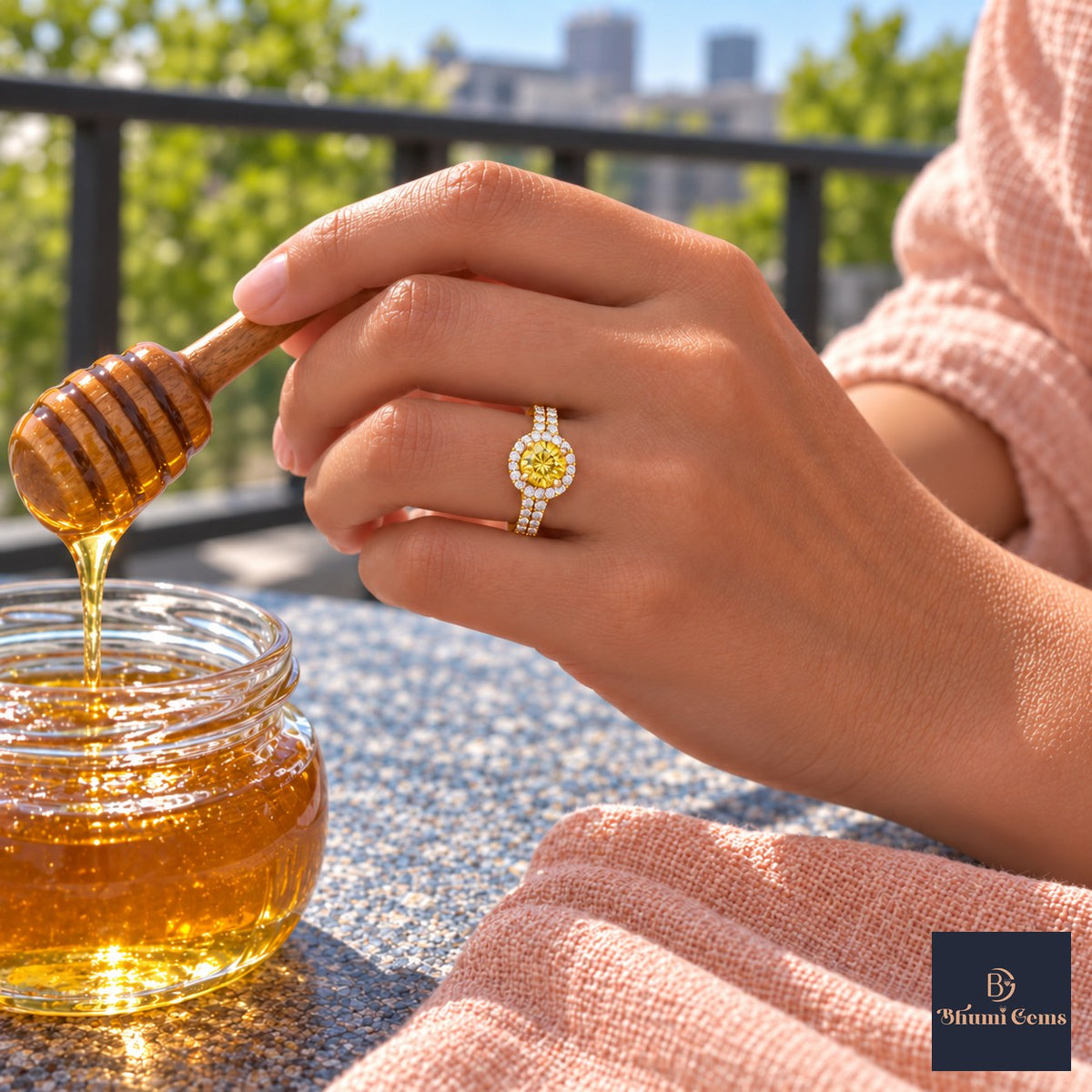 Yellow Round Cut Lab Grown Diamond Engagement Ring - Halo Pave in yellow gold, on the hand