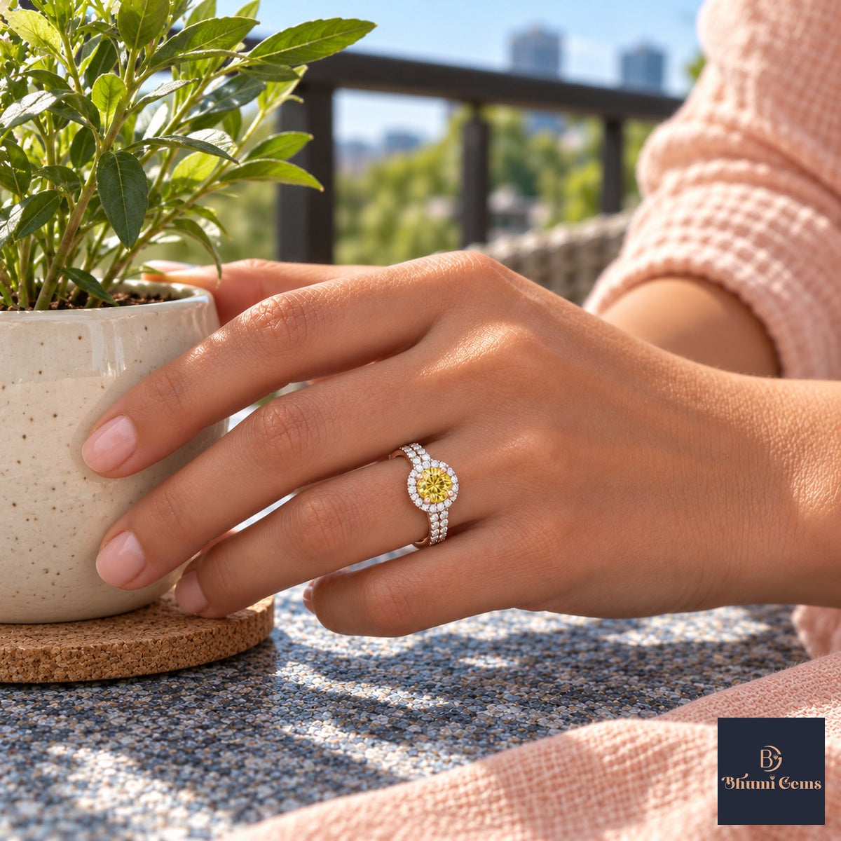 Yellow Round Cut Lab Grown Diamond Engagement Ring - Halo Pave in rose gold, on the hand