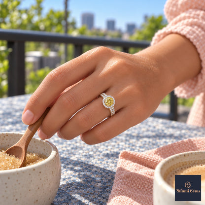 Yellow Round Cut Lab Grown Diamond Engagement Ring - Halo Pave in yellow gold, worn on the hand