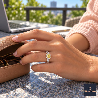 Yellow Round Cut Lab Grown Diamond Engagement Ring - Halo Pave in rose gold, worn on the hand