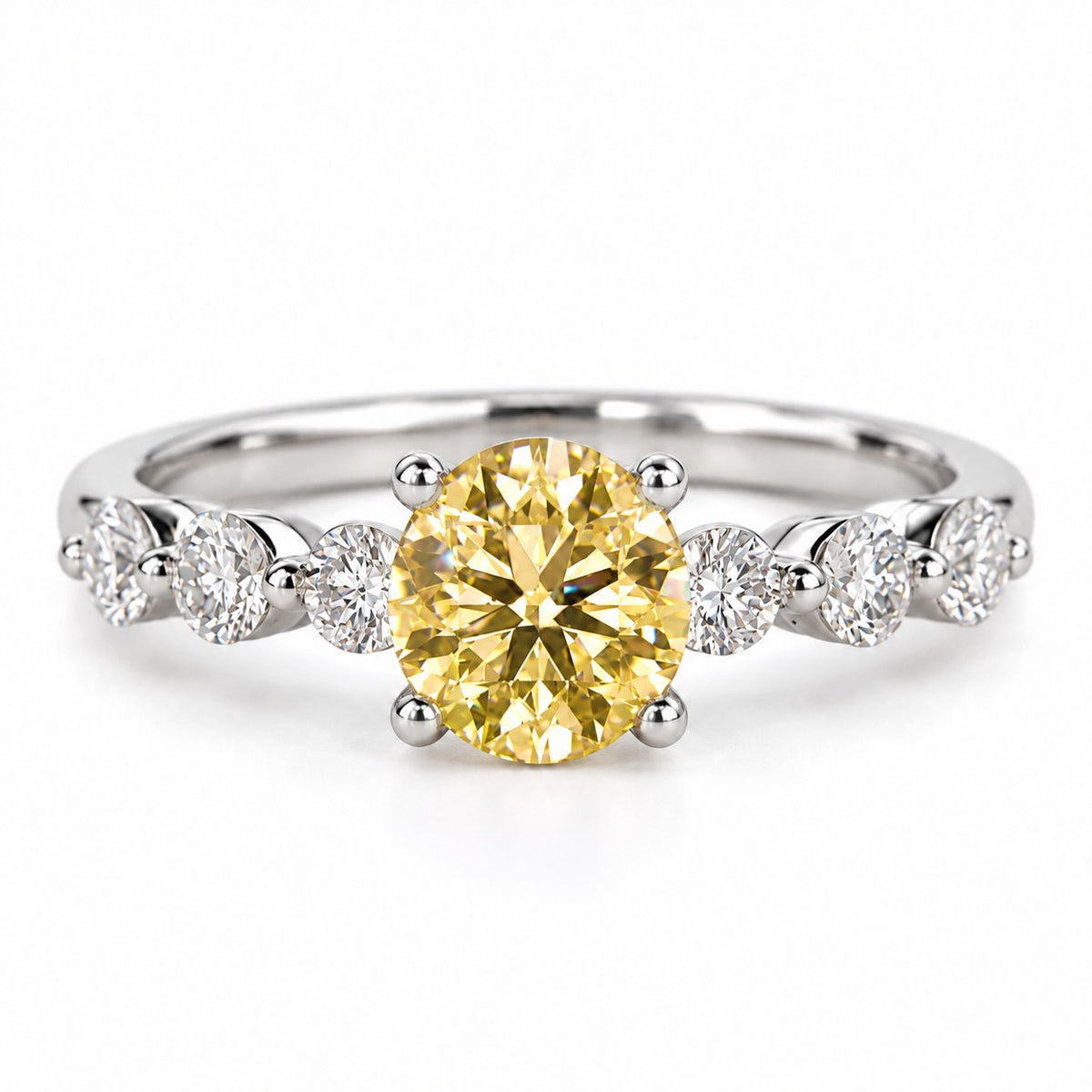 Yellow Round Cut Lab Grown Diamond Engagement Ring - Marquise and Round Station Band in white gold, front view
