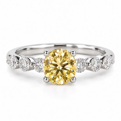 Yellow Round Cut Lab Grown Diamond Engagement Ring - Marquise and Round Station Band in white gold, front view