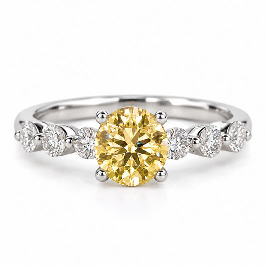 Yellow Round Cut Lab Grown Diamond Engagement Ring - Marquise and Round Station Band in white gold, front view