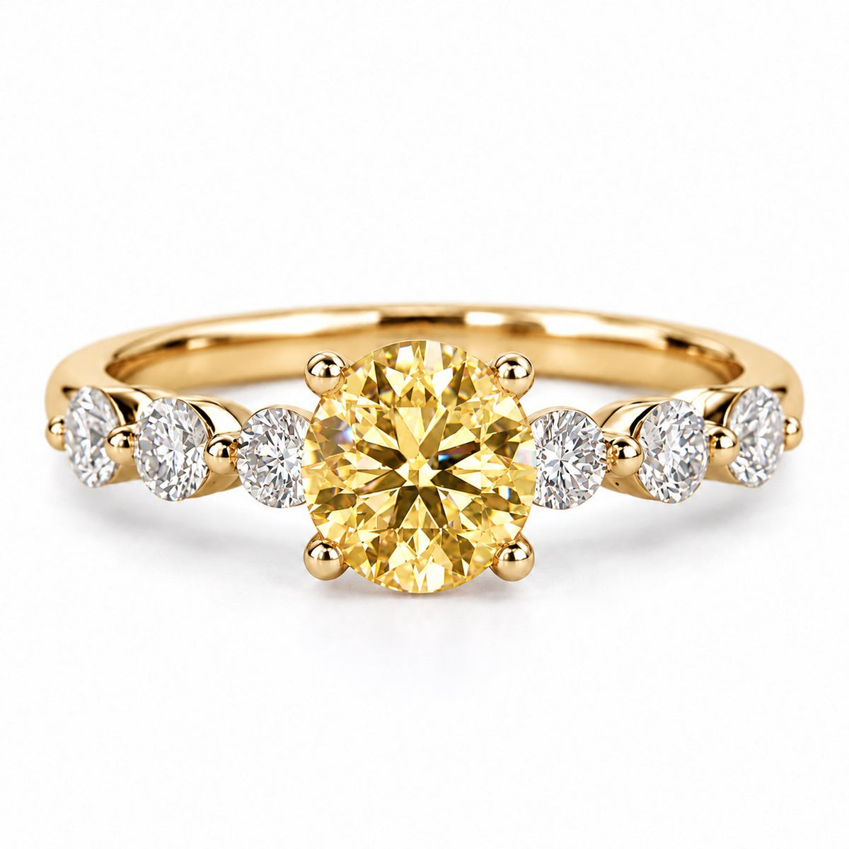 Yellow Round Cut Lab Grown Diamond Engagement Ring - Marquise and Round Station Band in yellow gold, front view