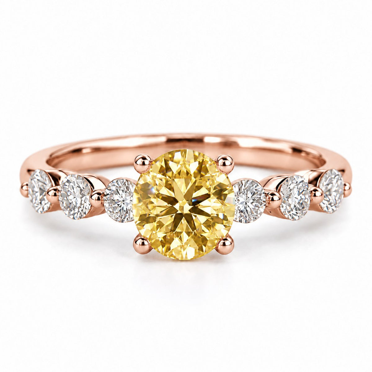 Yellow Round Cut Lab Grown Diamond Engagement Ring - Marquise and Round Station Band in rose gold, front view
