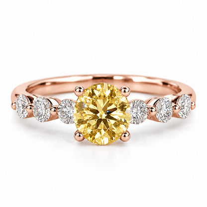 Yellow Round Cut Lab Grown Diamond Engagement Ring - Marquise and Round Station Band in rose gold, front view