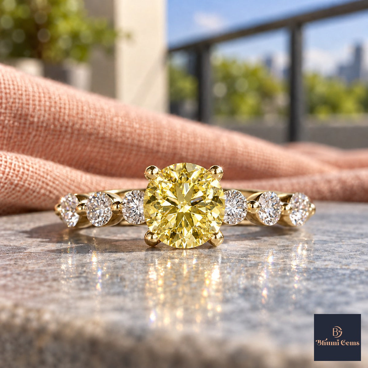 Yellow Round Cut Lab Grown Diamond Engagement Ring - Marquise and Round Station Band in yellow gold, close-up