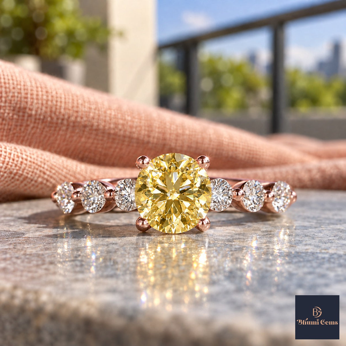 Yellow Round Cut Lab Grown Diamond Engagement Ring - Marquise and Round Station Band in rose gold, close-up