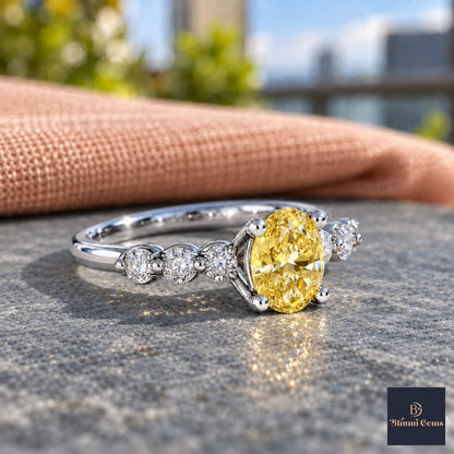 Yellow Round Cut Lab Grown Diamond Engagement Ring - Marquise and Round Station Band in white gold, side view